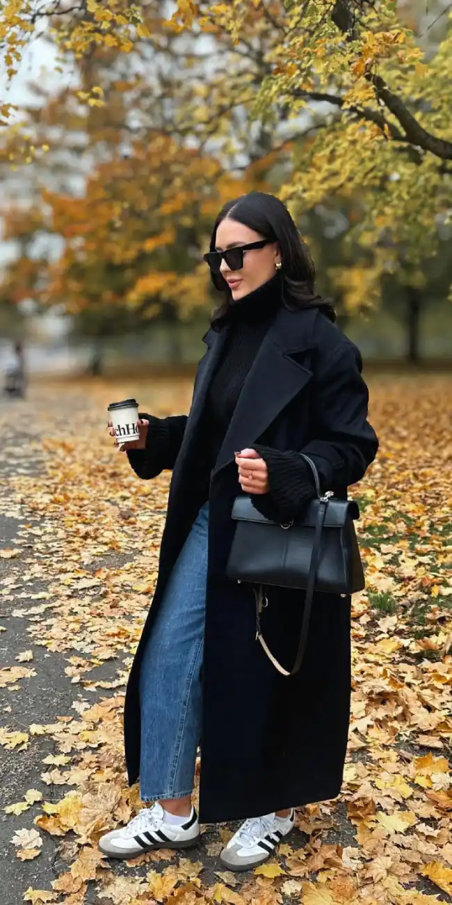 Black Wool Coat With Jeans and Sneakers - Inspiration 3