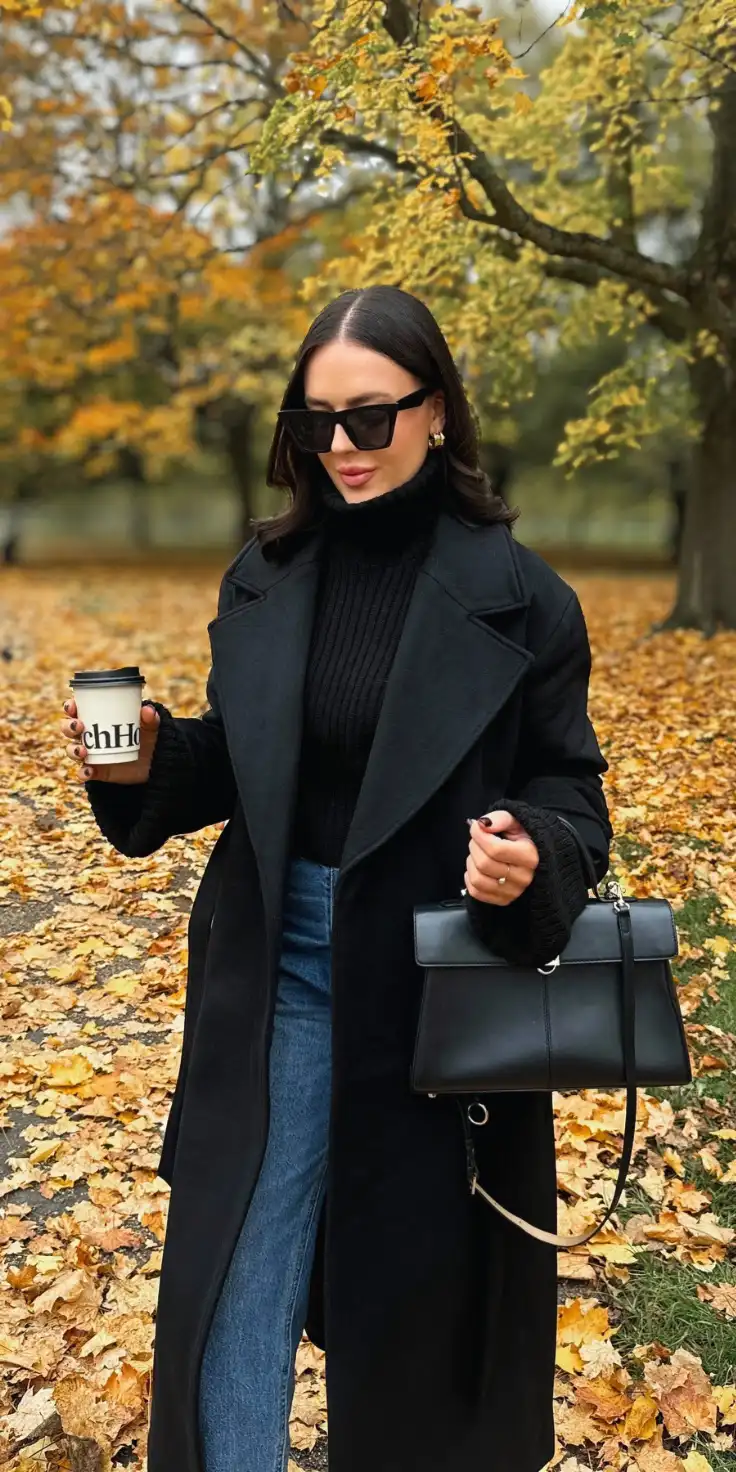 Black Wool Coat With Jeans and Sneakers - Look 1