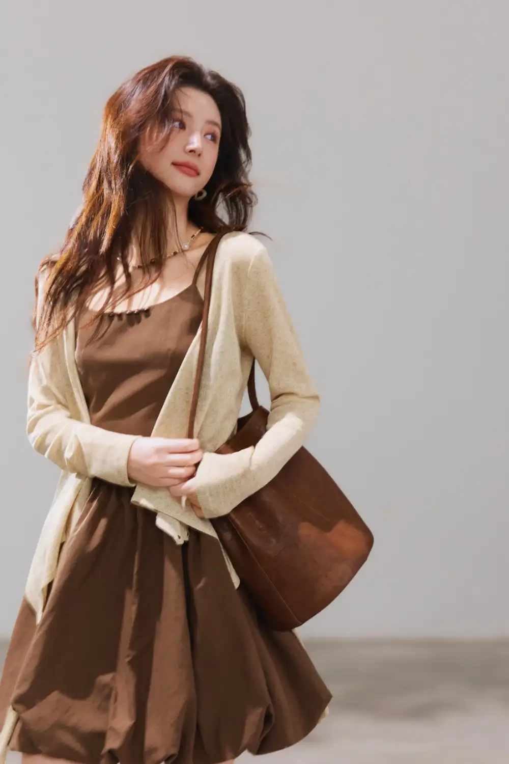 Brown Mini Dress With Beige Long Cardigan - Look 1