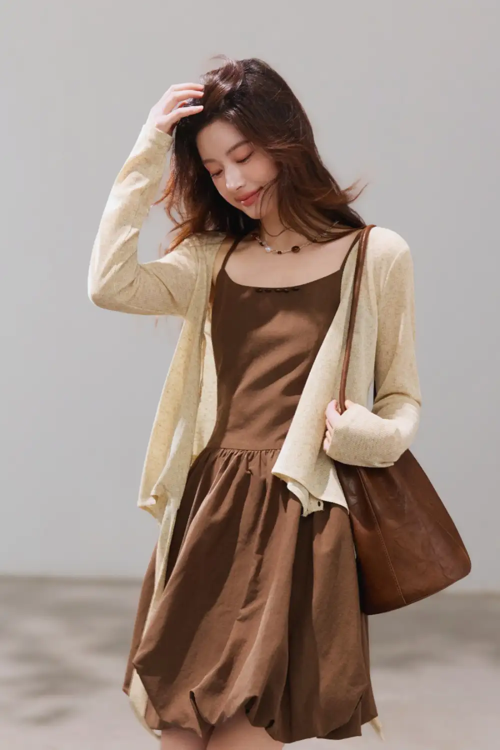 Brown Mini Dress With Beige Long Cardigan - Inspiration 3