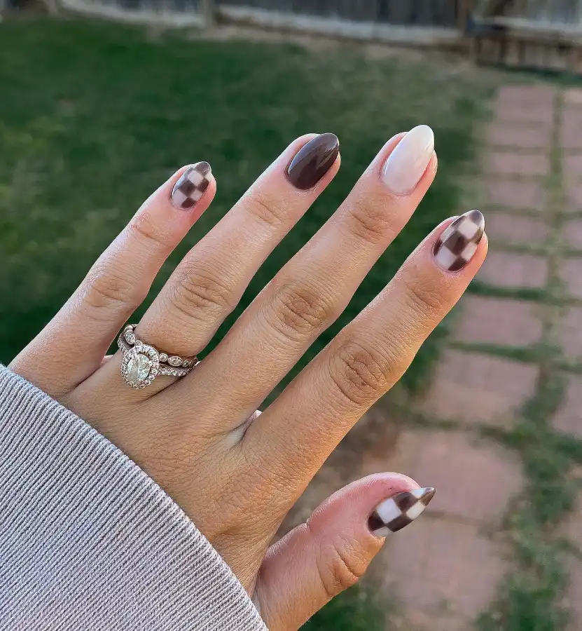 Brown and Cream Checkerboard Nails inspiration - Inspiration 3