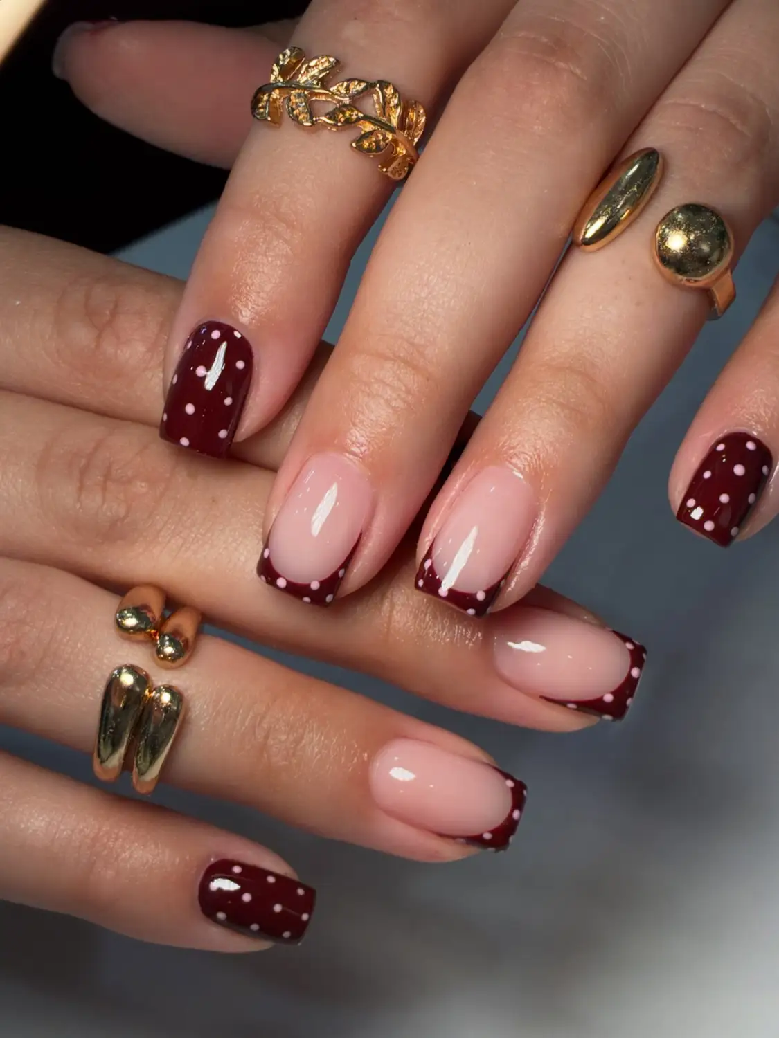 Burgundy polka-dot French tip nails - Design 1