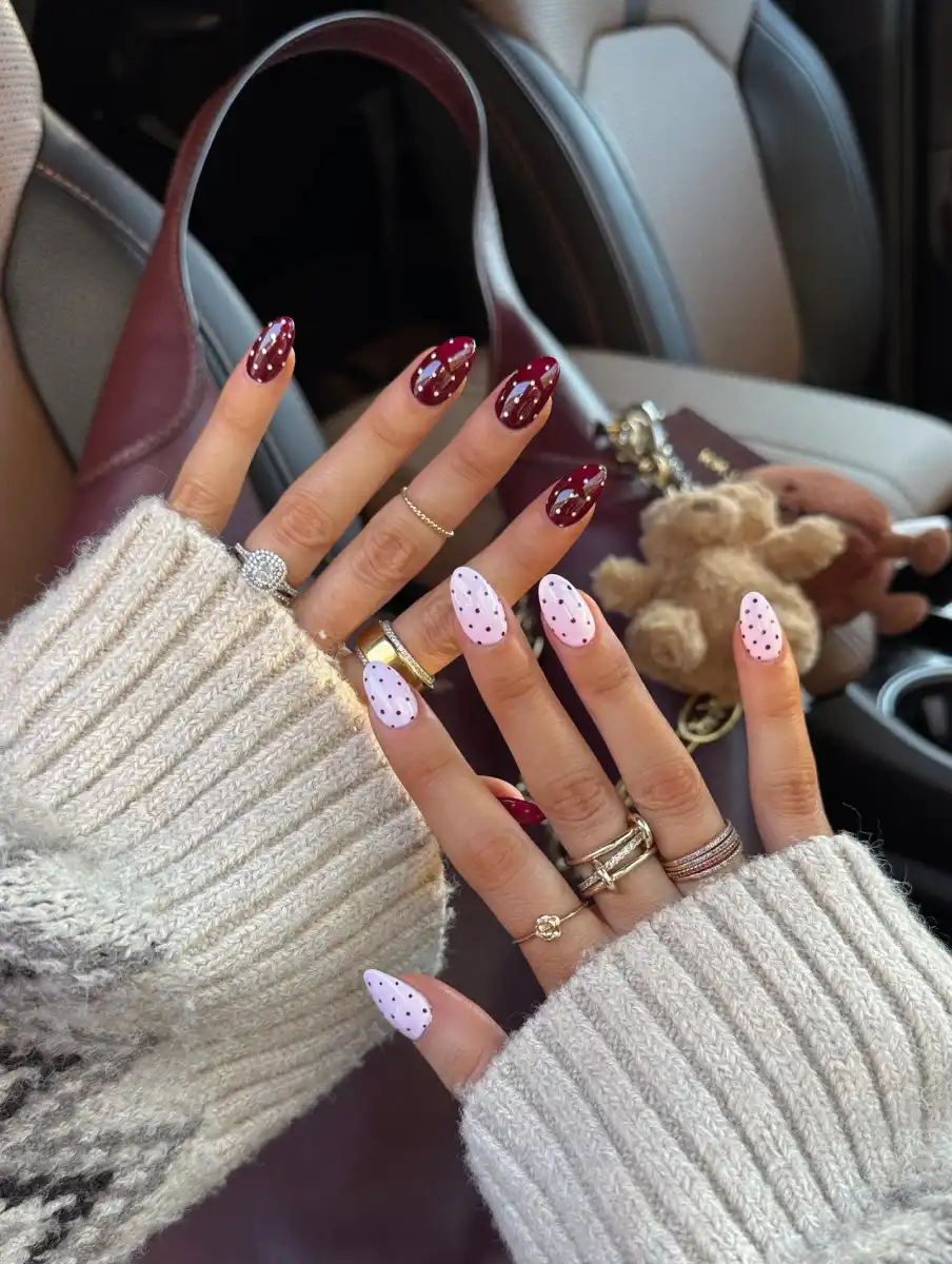 Burgundy and pink polka dot nail inspiration 2