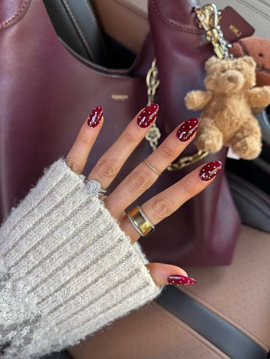 Burgundy and pink polka dot nail inspiration 4