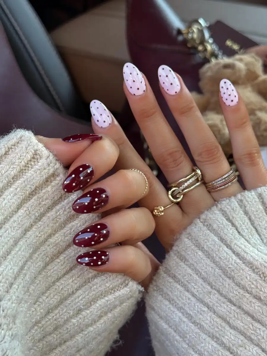 Burgundy and pink polka dot nails - Design 1