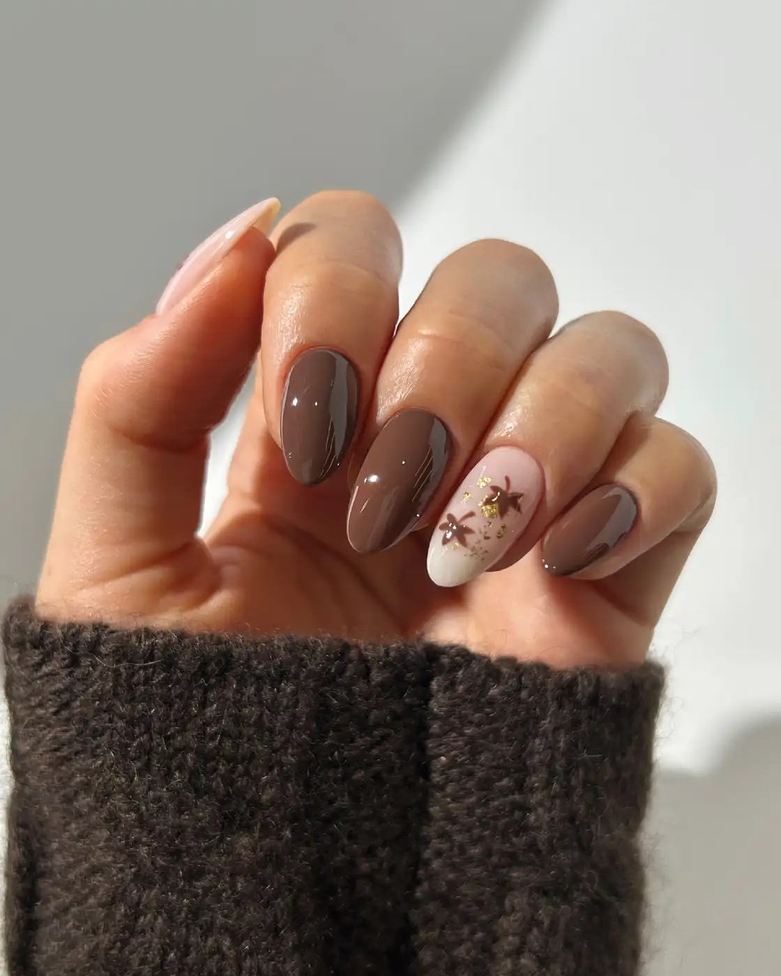 Chocolate Brown Nails With Fall Flowers inspiration - Look 1