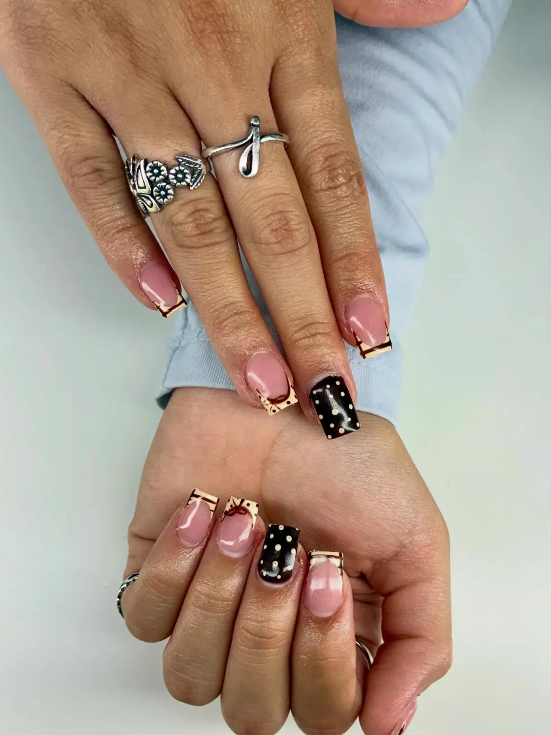 Chocolate brown polka dot nails with tiny bow details - Design 1