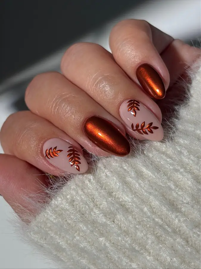 Copper Chrome and Autumn Leaf Nails inspiration - Look 1