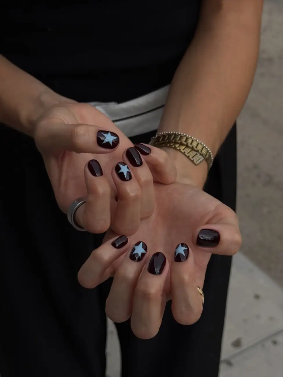 Dark Burgundy Nails With Blue Stars - Inspiration 3