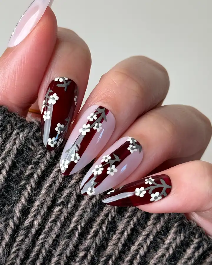 Dark Red Nails With Tiny White Flowers - Look 1