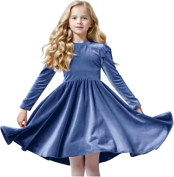 Royal Blue Long-Sleeve Velvet Dress with Puff Shoulders