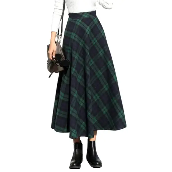 Green and navy plaid midi skirt