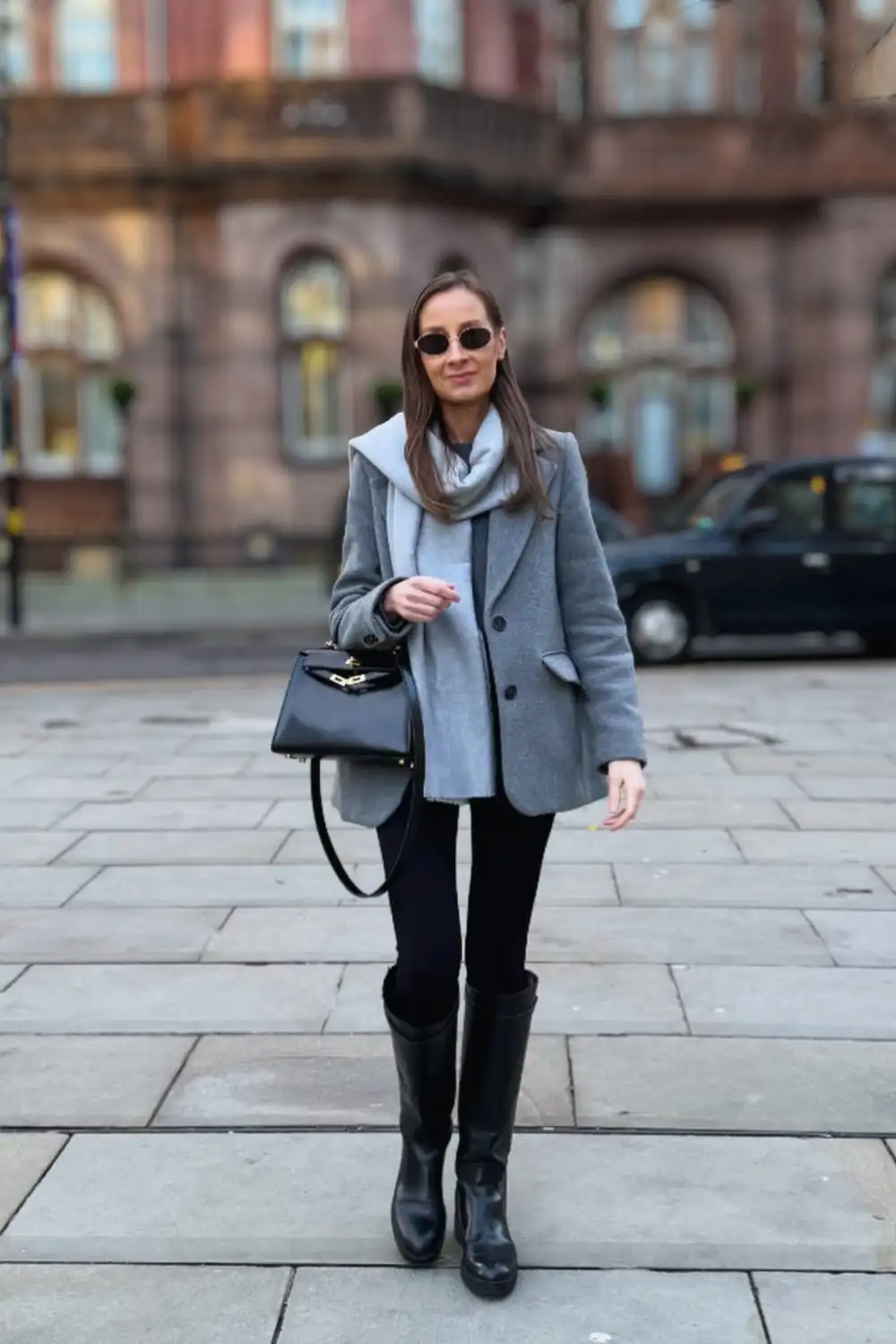 Grey Blazer With Black Leggings and Tall Boots inspiration - Look 1