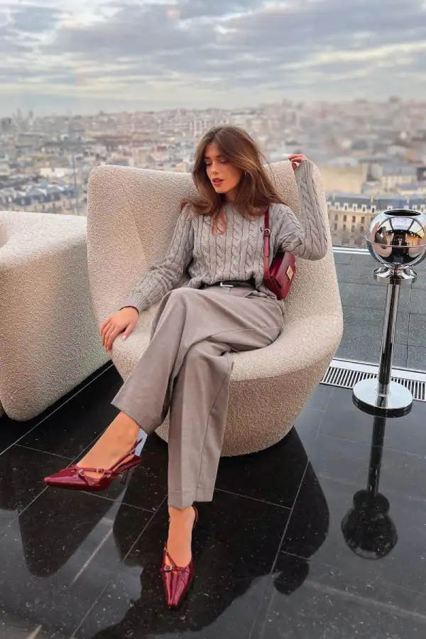 Grey Cable Knit Sweater With Burgundy Heels inspiration - Look 1