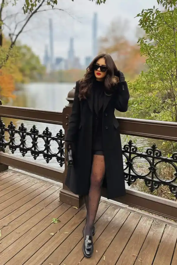 Long Black Coat With a Mini Skirt and Loafers - Look 1