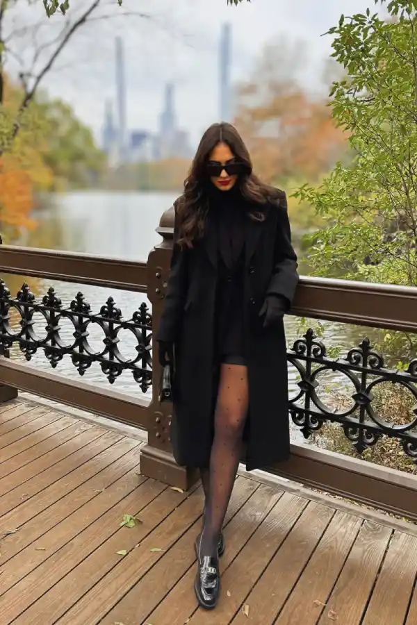 Long Black Coat With a Mini Skirt and Loafers - Inspiration 2