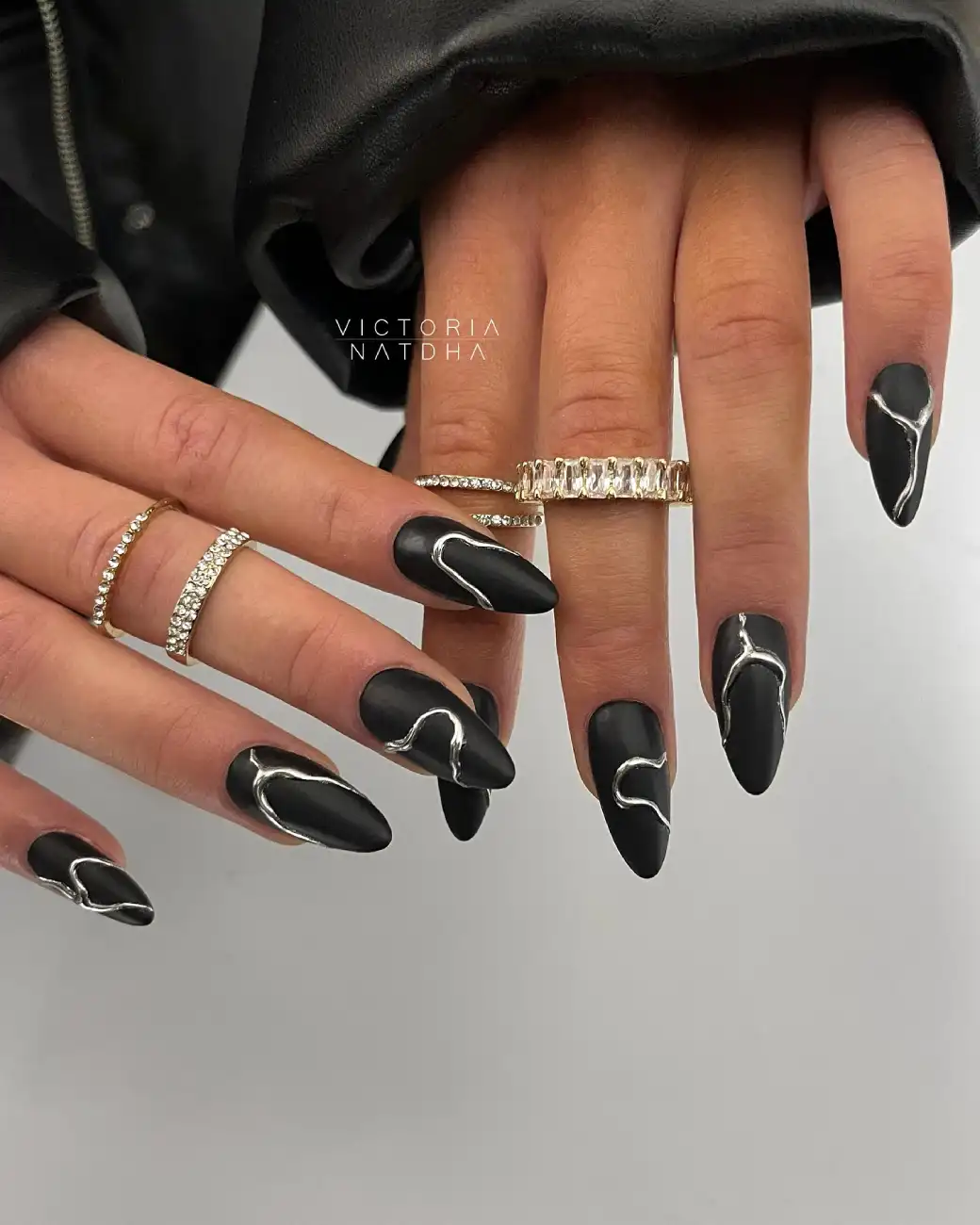 Matte Black Nails With Silver Chrome Swirls - Inspiration 2