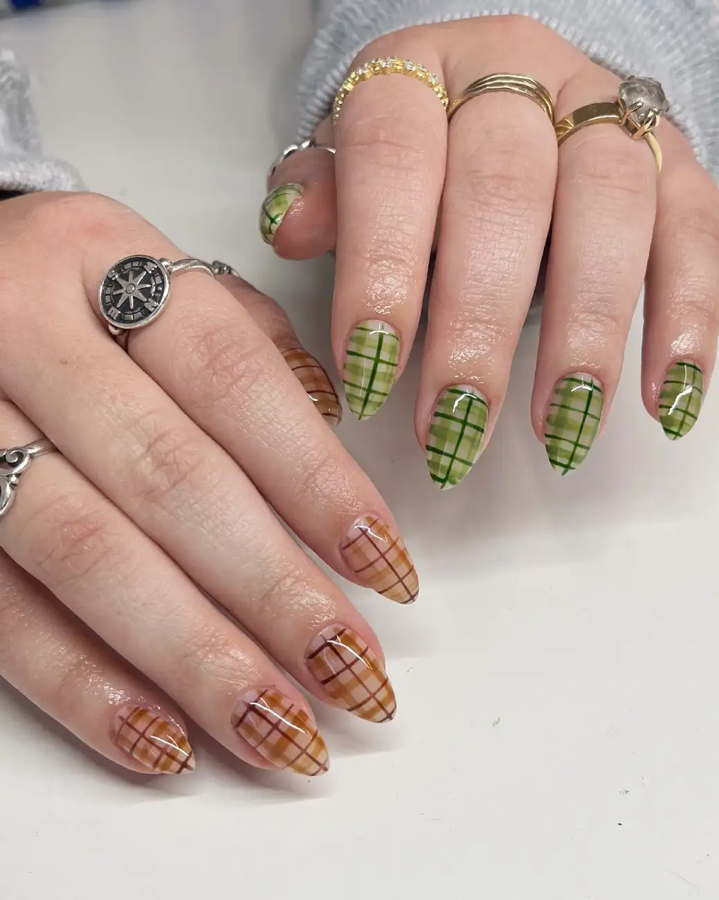 Mismatched Green Brown Plaid Nails - Inspiration 3