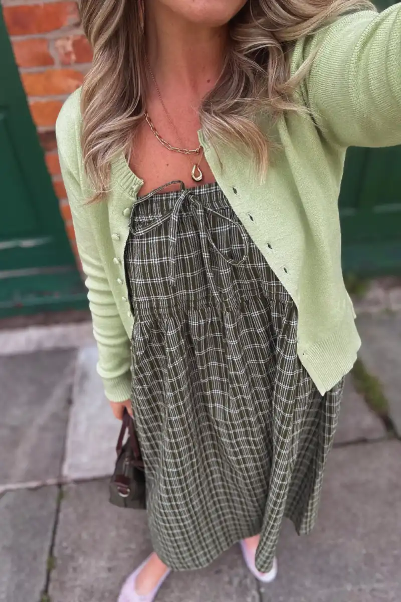 Plaid Dress With Lime Green Cardigan - Inspiration 3