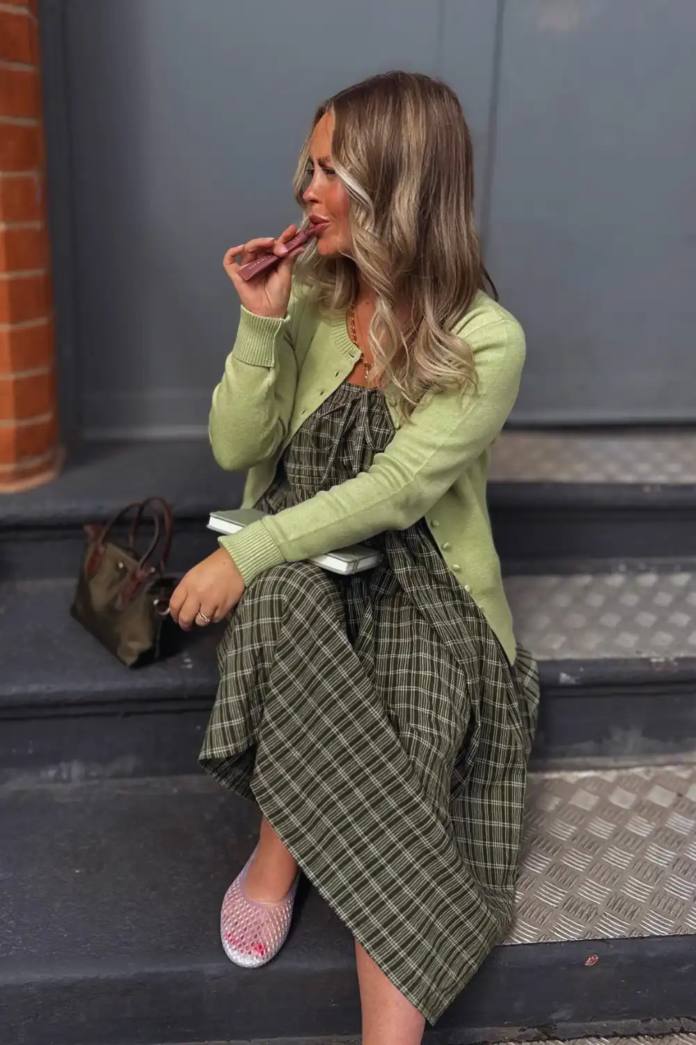 Plaid Dress With Lime Green Cardigan - Look 1