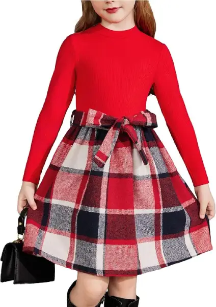 Red Long-Sleeve Plaid Dress with Matching Waist Bow