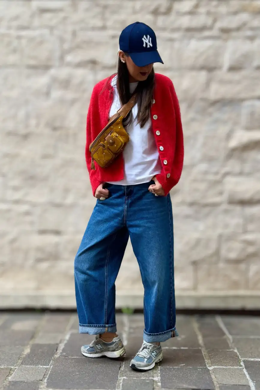 Red Cardigan, Blue Jeans & Baseball Cap - Inspiration 2