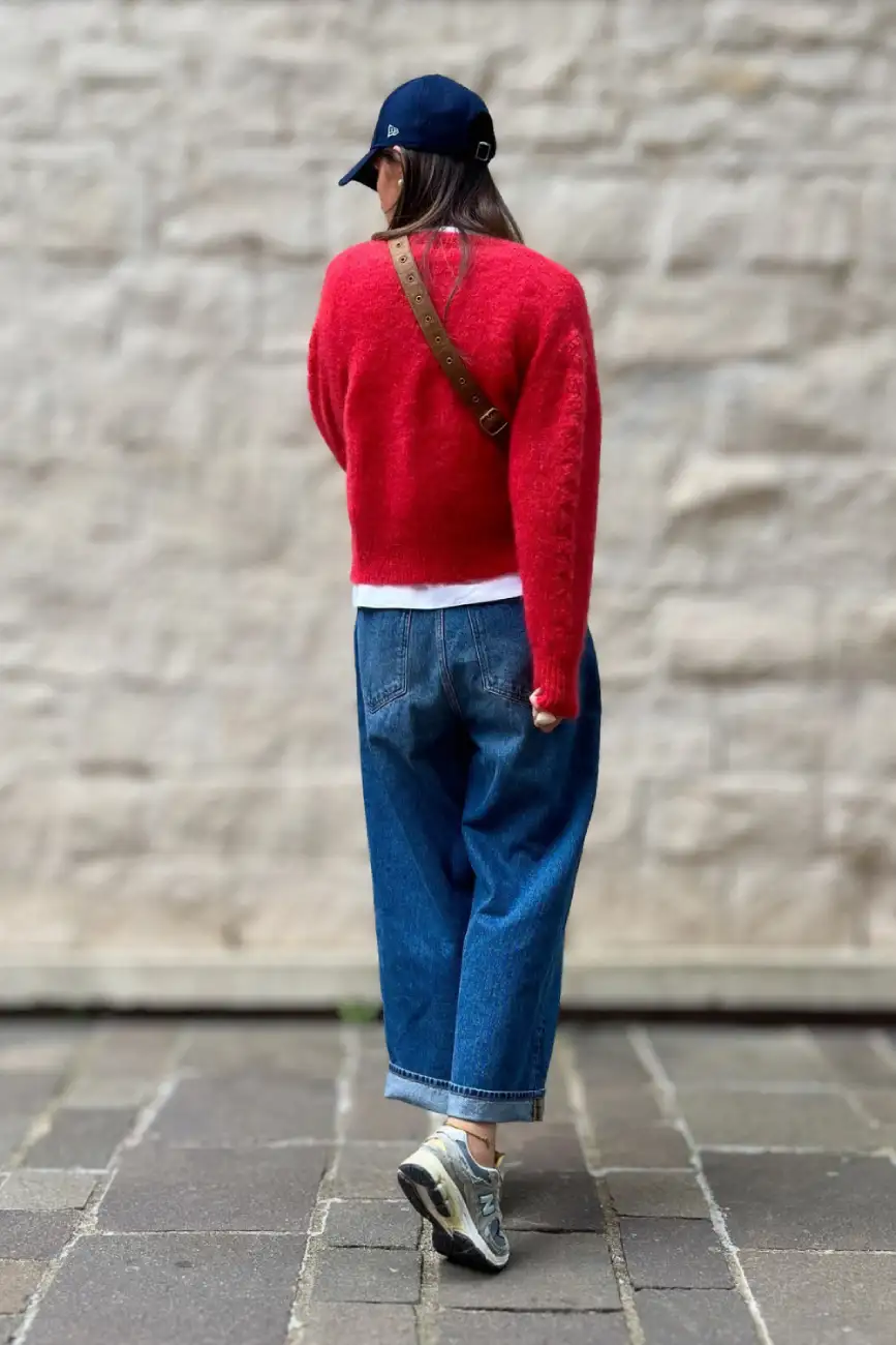 Red Cardigan, Blue Jeans & Baseball Cap - Inspiration 3