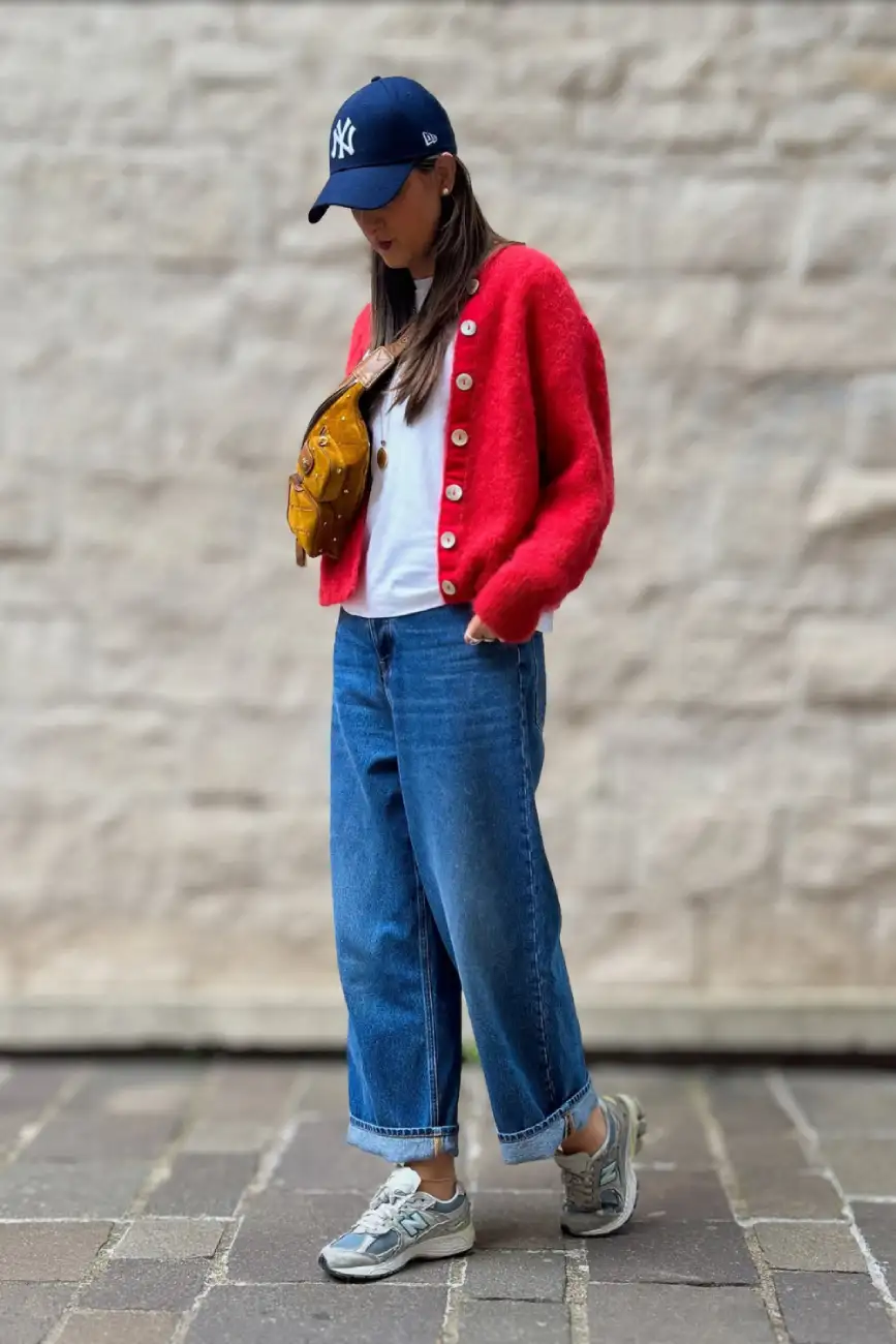 Red Cardigan, Blue Jeans & Baseball Cap - Look 1