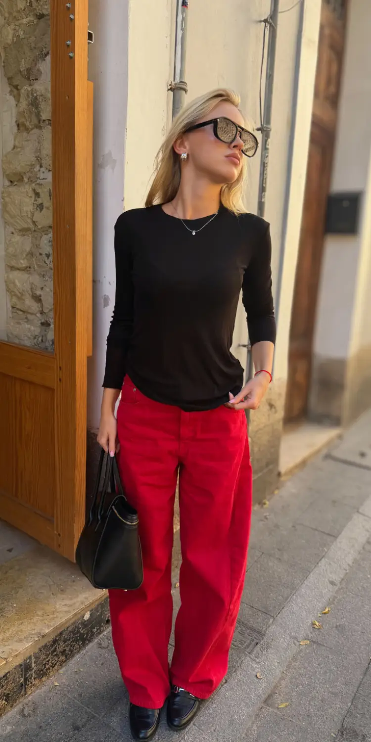 Red Wide Leg Jeans With a Fitted Black Top - Look 1