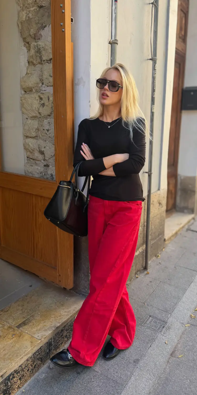 Red Wide Leg Jeans With a Fitted Black Top - Inspiration 2