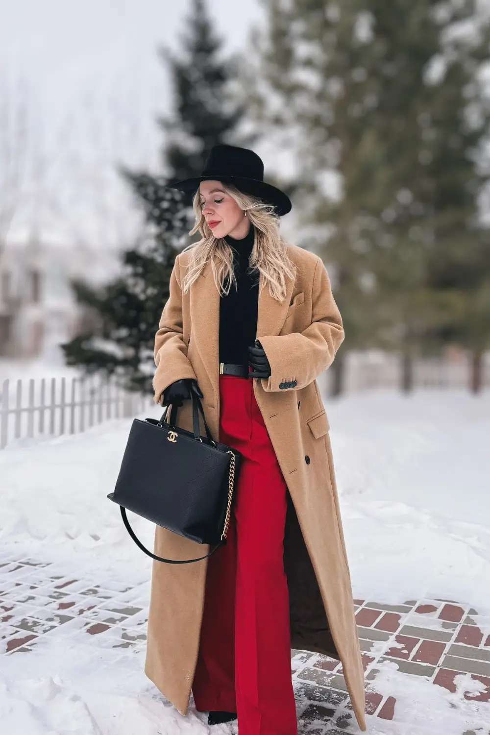 Red Wide Leg Pants With a Camel Coat - Inspiration 3