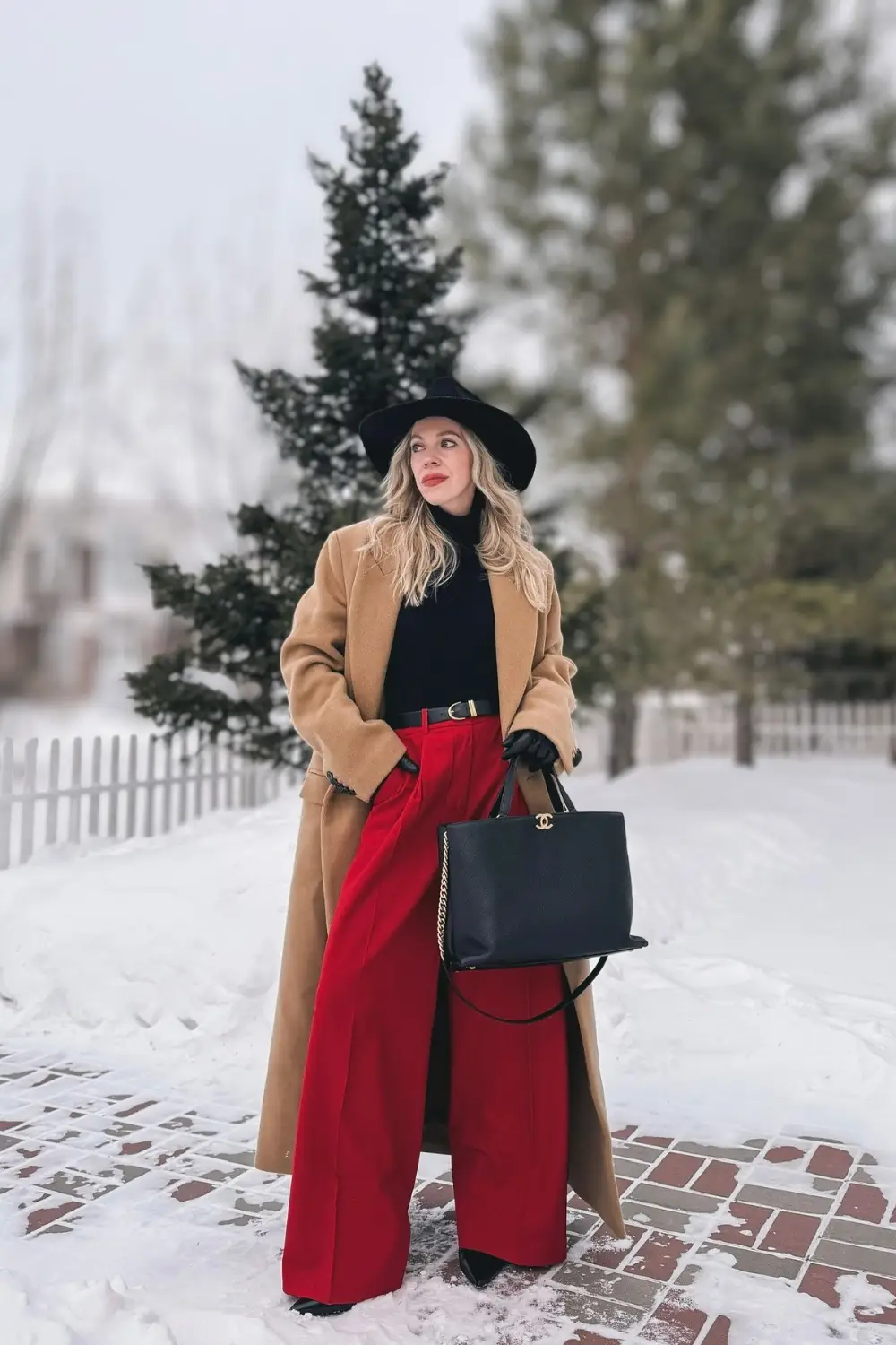 Red Wide Leg Pants With a Camel Coat - Inspiration 2