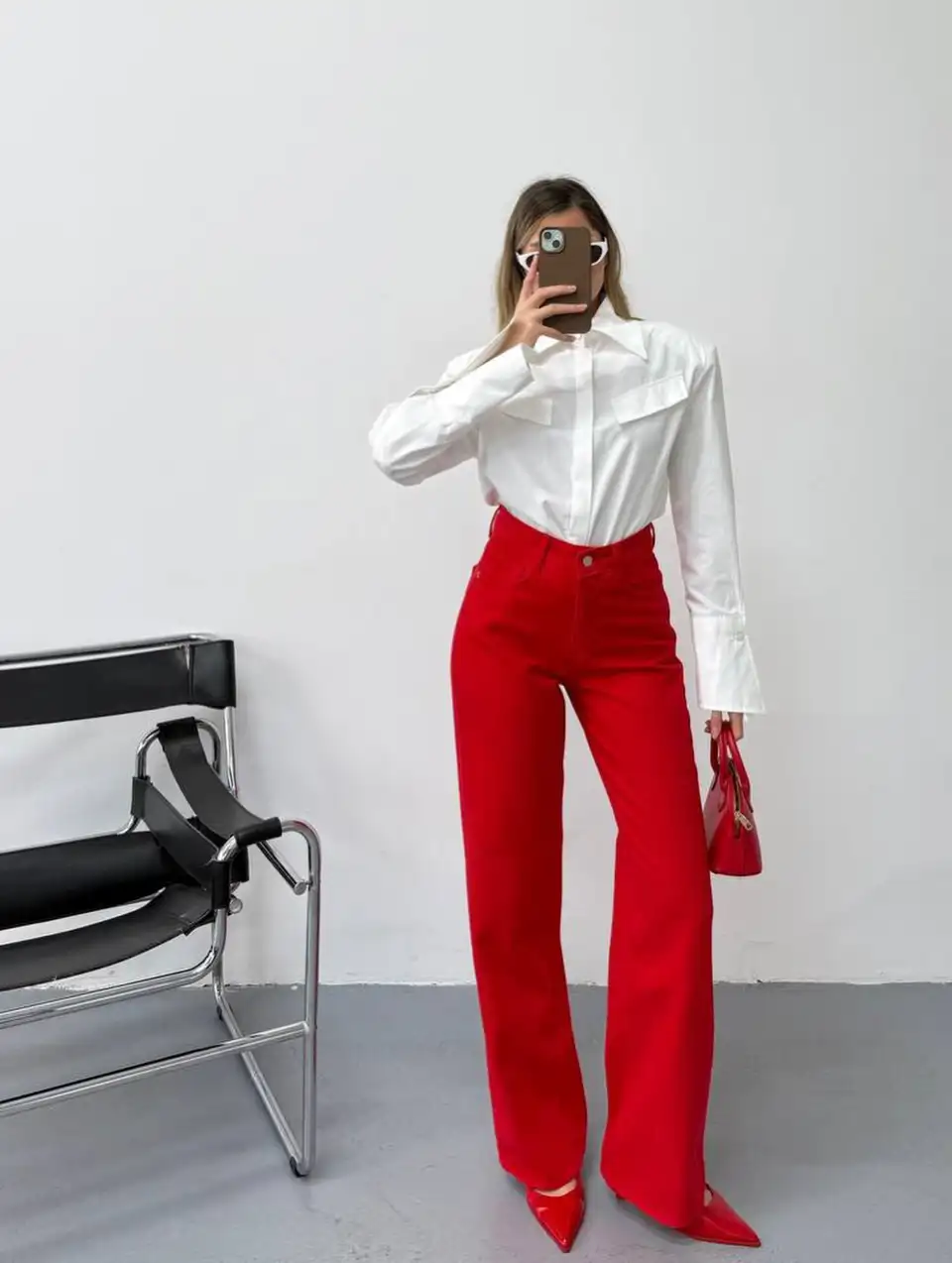 Red Wide Leg Pants With a Crisp White Shirt - Inspiration 3