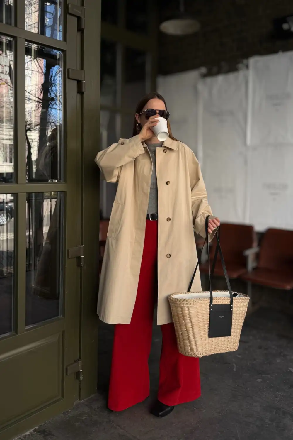 Red Wide Leg Pants With a Gray Sweater and Cream Coat - Look 1