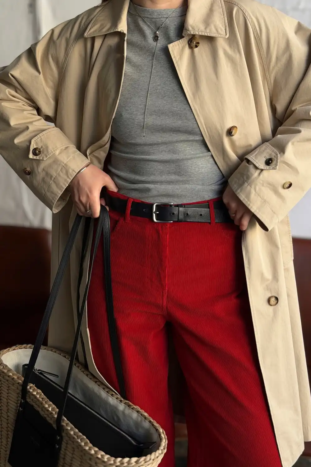 Red Wide Leg Pants With a Gray Sweater and Cream Coat - Inspiration 3