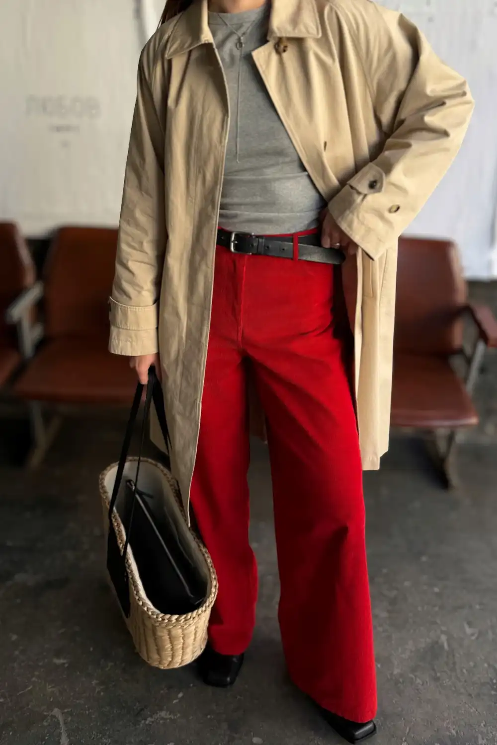 Red Wide Leg Pants With a Gray Sweater and Cream Coat - Inspiration 2