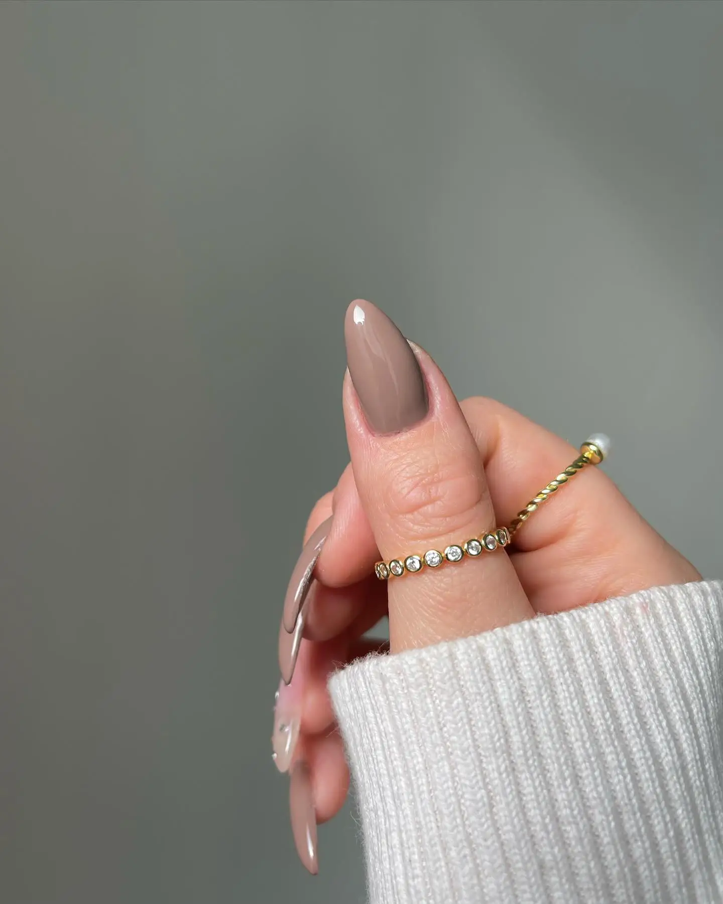 Taupe Almond Nails With Tiny Rhinestones - Inspiration 1