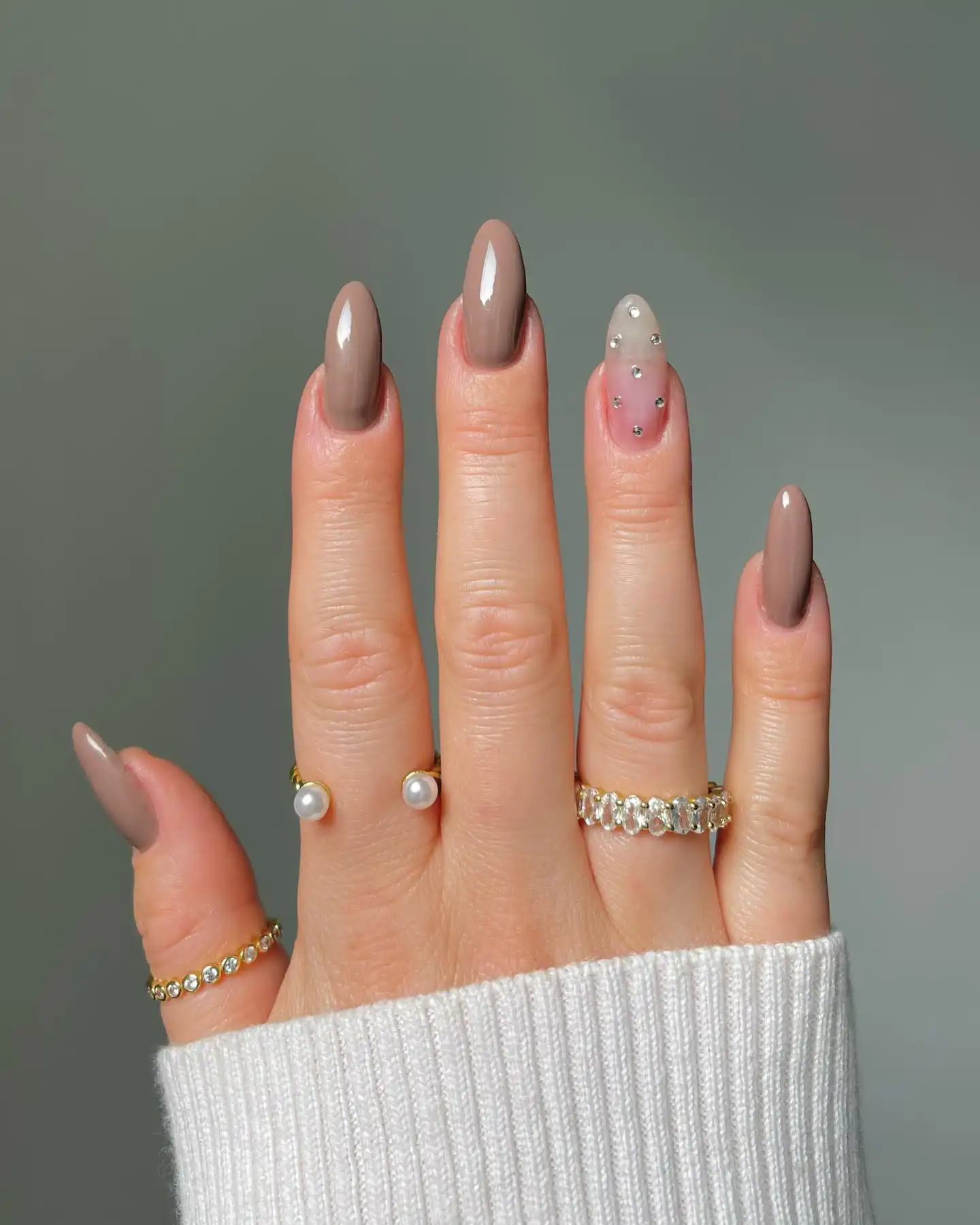 Taupe Almond Nails With Tiny Rhinestones - Inspiration 2