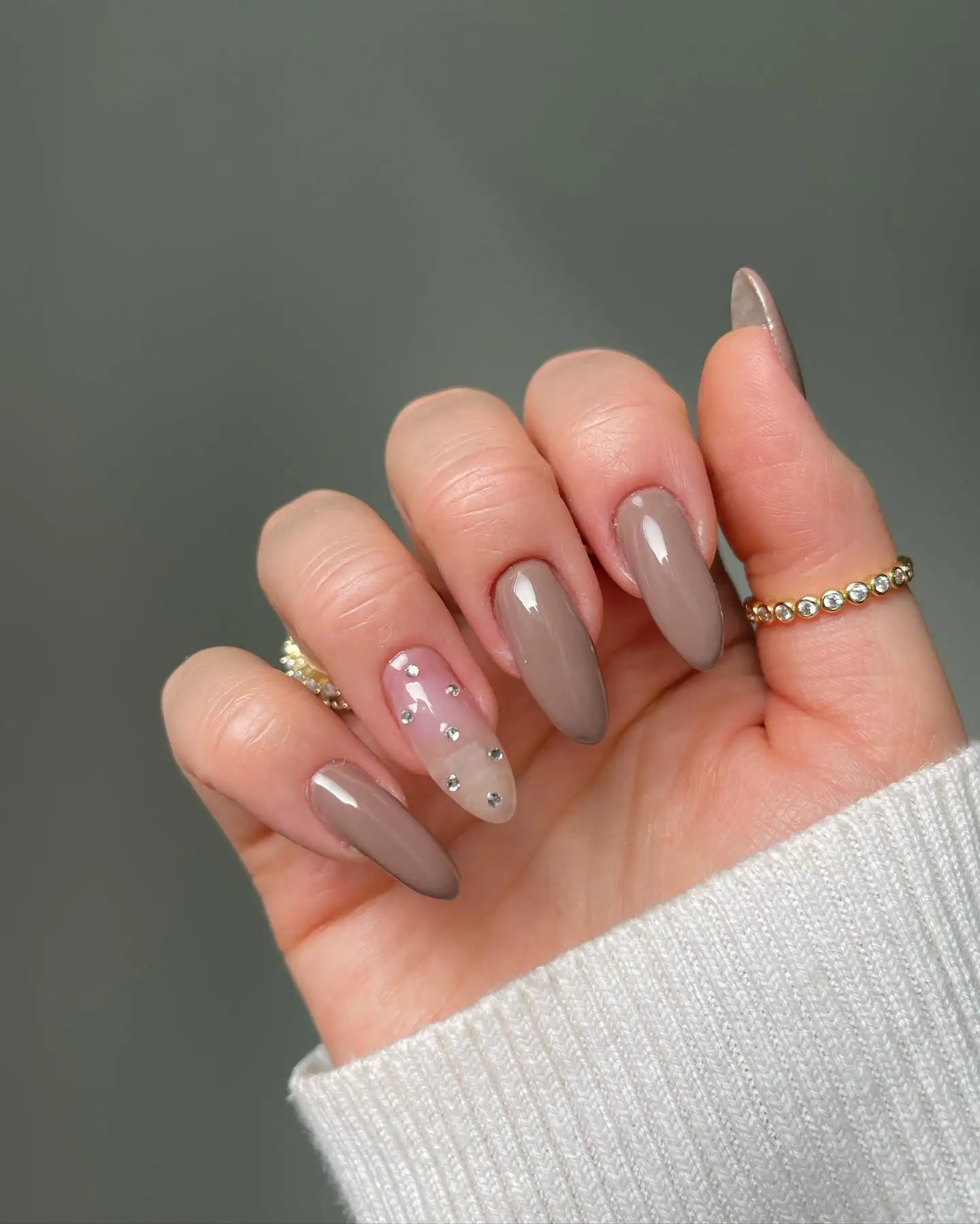 Taupe Almond Nails With Tiny Rhinestones - Inspiration 3
